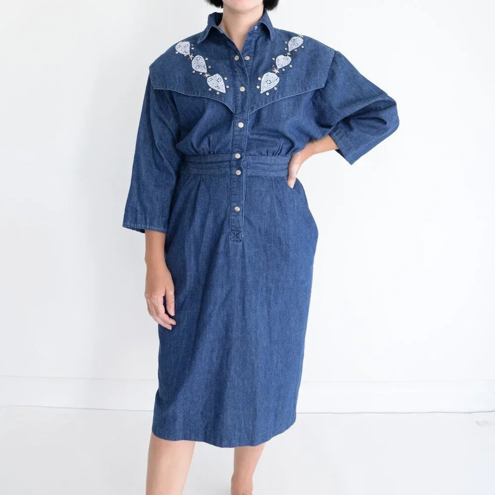 Vintage Tobi Dark Wash Button Up Western  Cowgirl Denim Stud Midi Dress M